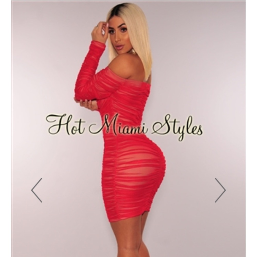 Red ruched off the shoulder dress